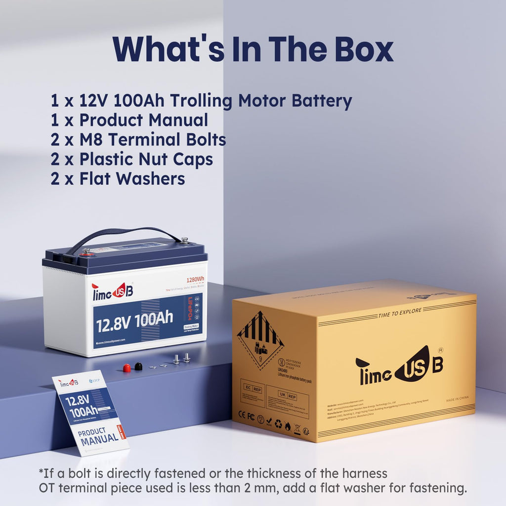 12.8V 100Ah Trolling Motor LiFePO4 Battery with Low-temp Protection, Timeusb Group 31 Lithium Battery, Up to 15000 Deep Cycles Battery for RV, Solar, Travel Trailer, Energy Storage- Off Grid