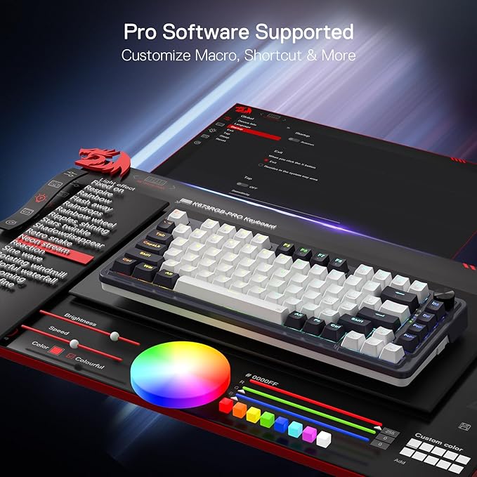 Redragon K673 PRO 75% Wireless Gasket RGB Gaming Keyboard, 3-Modes 81 Keys Compact Mechanical Keyboard Hot-Swap Socket, Dedicated Knob Control and Sound Absorbing Pads, Linear Red Switch