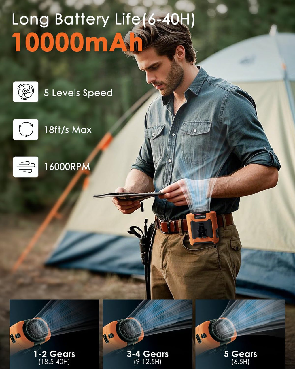 FANSEXPERT Portable Waist Fan Clip on, Personal Wearable Belt Fan 10000mAh Rechargeable Battery Under Shirt,5 Speeds with light, Neck Fan Hands-Free Cooling For Outdoor Camping Travel (Orange)