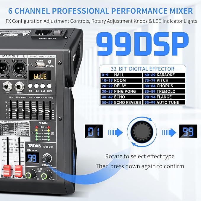Audio Mixer, 6-Channel Professional DJ Mixer with 99-Bit DSP Effects, 7-Band EQ, 48V Phantom Power, MP3/Computer Input - Studio Audio Mixing Console for Recording & Live Performances