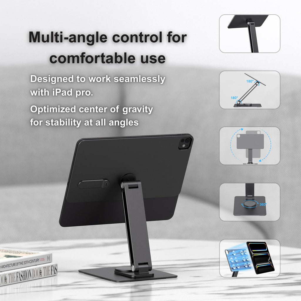 GEWOKLIY Magnetic iPad Pro M4&M5 11-inch Stand with Wireless Charging 18W, 360° Rotating Aluminum Tablet Holder for iPad Pro M4/M5 11-inch, Adjustable Desk Mount Series (M4/M5-11inch)