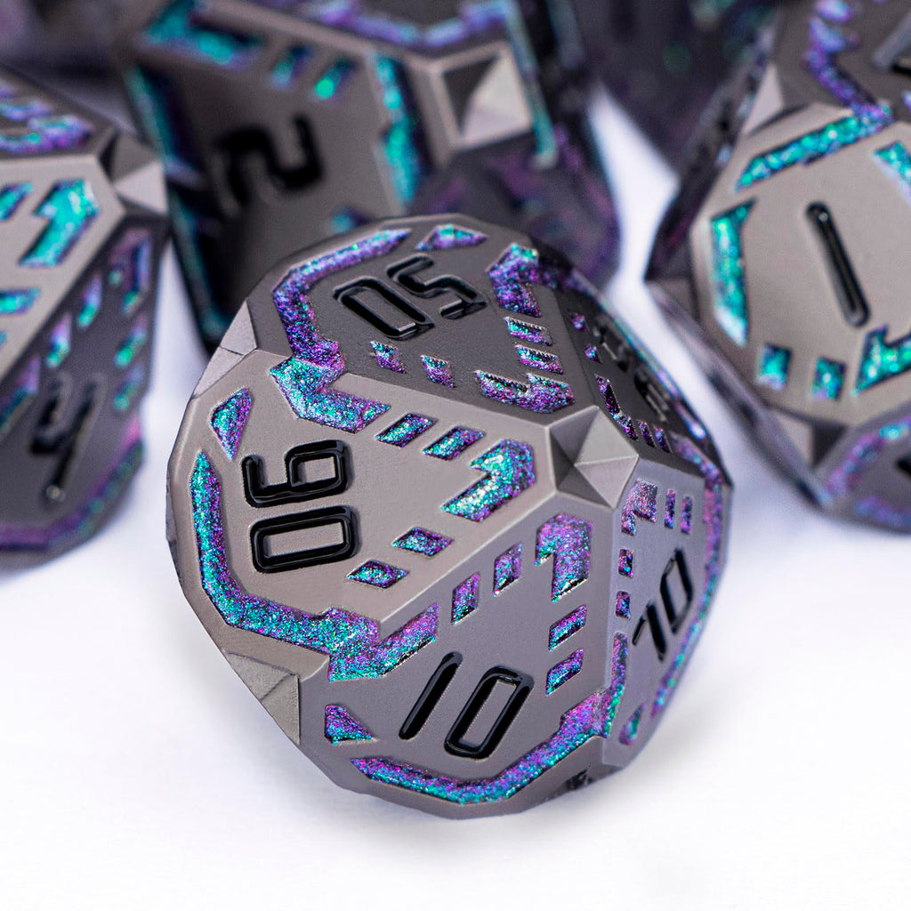 OGCOPHEN Metal DND Sci-fi Dice Set 7PCS Stripe Polyhedral Dice for Dungeons Dragons RPG Role Playing Game, Glitter D and D Dice with Gift Box D6 D8 D10 D12 D20 (Black&Green Purple)