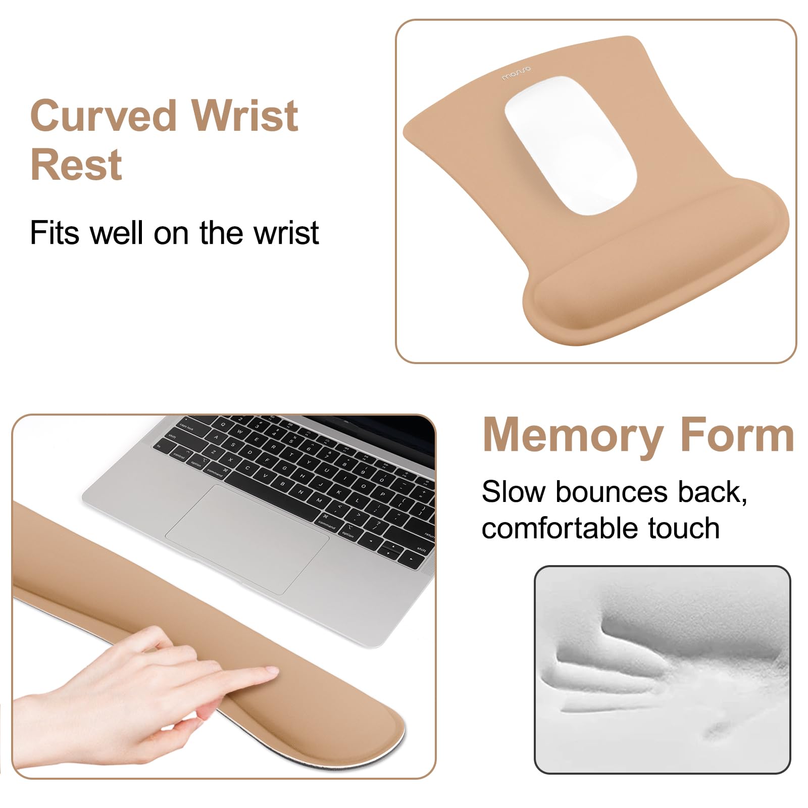 MOSISO Wrist Rest Support for Mouse Pad & Keyboard Set, Ergonomic Mousepad Non-Slip Base Home/Office Pain Relief & Easy Typing Cushion with Neoprene Cloth & Raised Memory Foam, Mocha