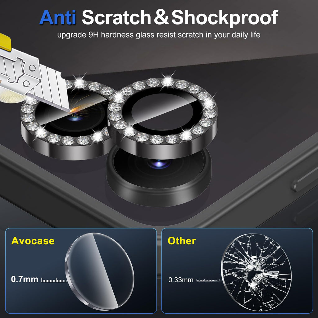 Avocase for Samsung Galaxy Z Flip 7 Camera Lens Protector, Individual Metal Ring Tempered Glass Lens Cover, [Strong Adsorption] Scratch Resistant Ultra-Thin HD Clear Lens Cover, 1 Set-Black Diamond