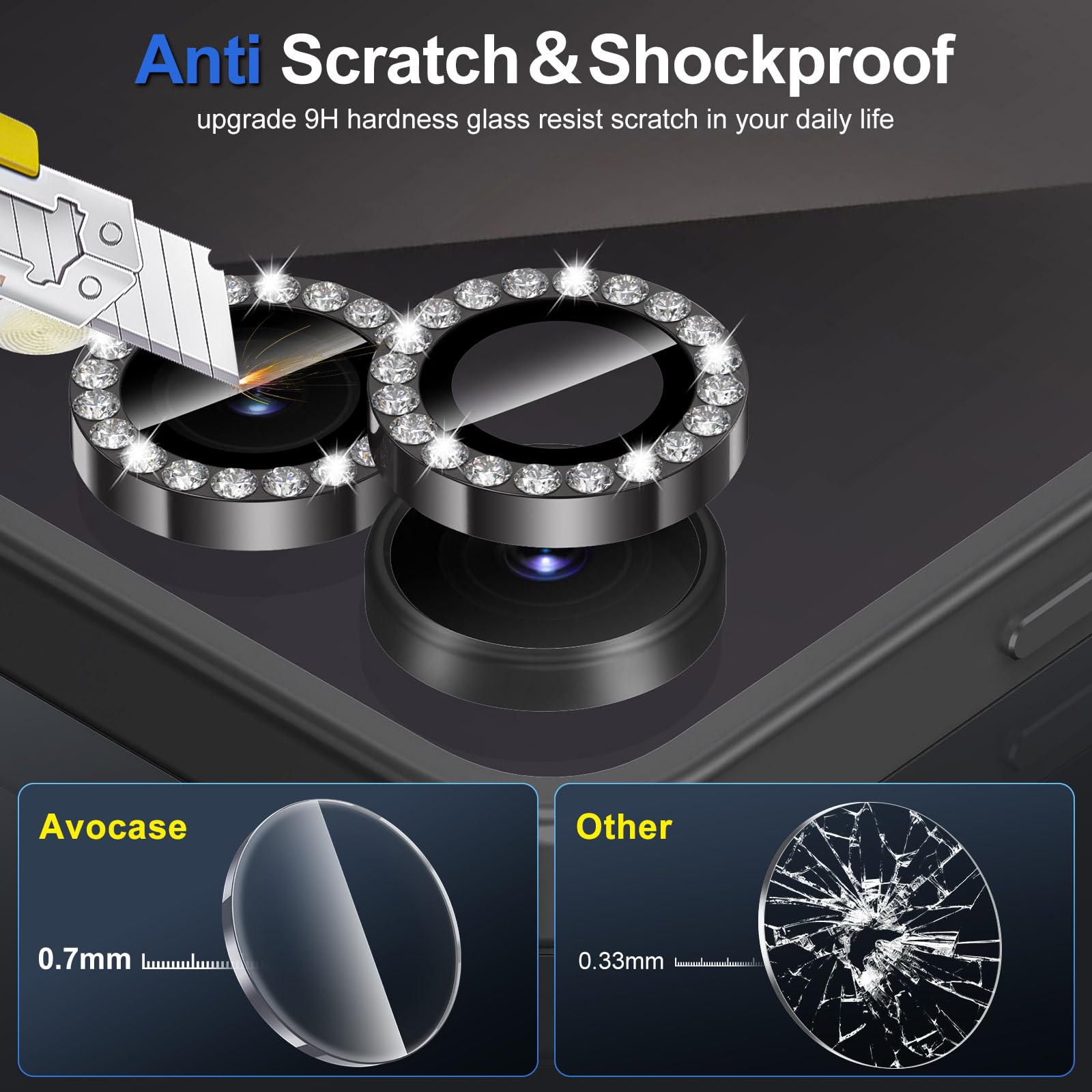 Avocase for Samsung Galaxy Z Flip 7 Camera Lens Protector, Individual Metal Ring Tempered Glass Lens Cover, [Strong Adsorption] Scratch Resistant Ultra-Thin HD Clear Lens Cover, 1 Set-Black Diamond