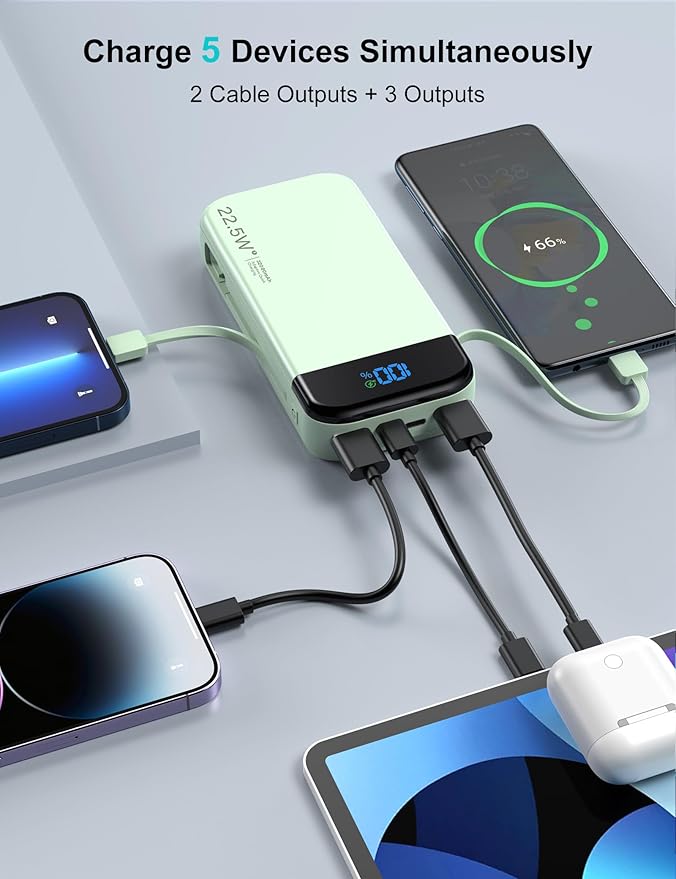 Portable Charger Power Bank 32000mAh with Built in Cables, PD3.0 USB C Fast Phone Charger, 5 Outputs LCD Display Travel Battery Pack Compatible with iPhone, Samsung All Cell Phones (Green)