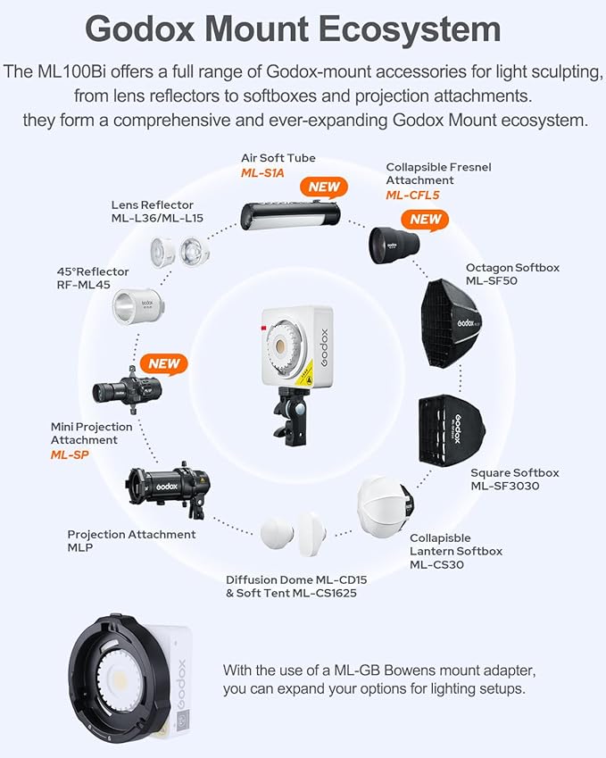 Godox ML100Bi 120W Bi-Color LED Video Light, 2800K-6500K COB Continuous Output Lighting with Reflector, Adapter for Filmmaking, Live Streaming, Video and Studio Photography
