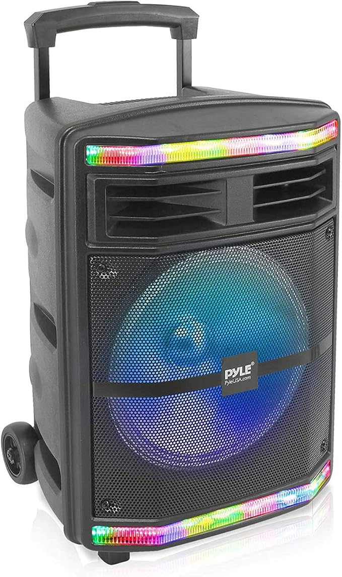 Pyle Portable Bluetooth PA Speaker System - 600W Bluetooth Speaker Portable PA System W/ Rechargeable Battery, Party Lights, MP3/USB SD Card Reader, Rolling Wheels - Pyle PPHP1044B
