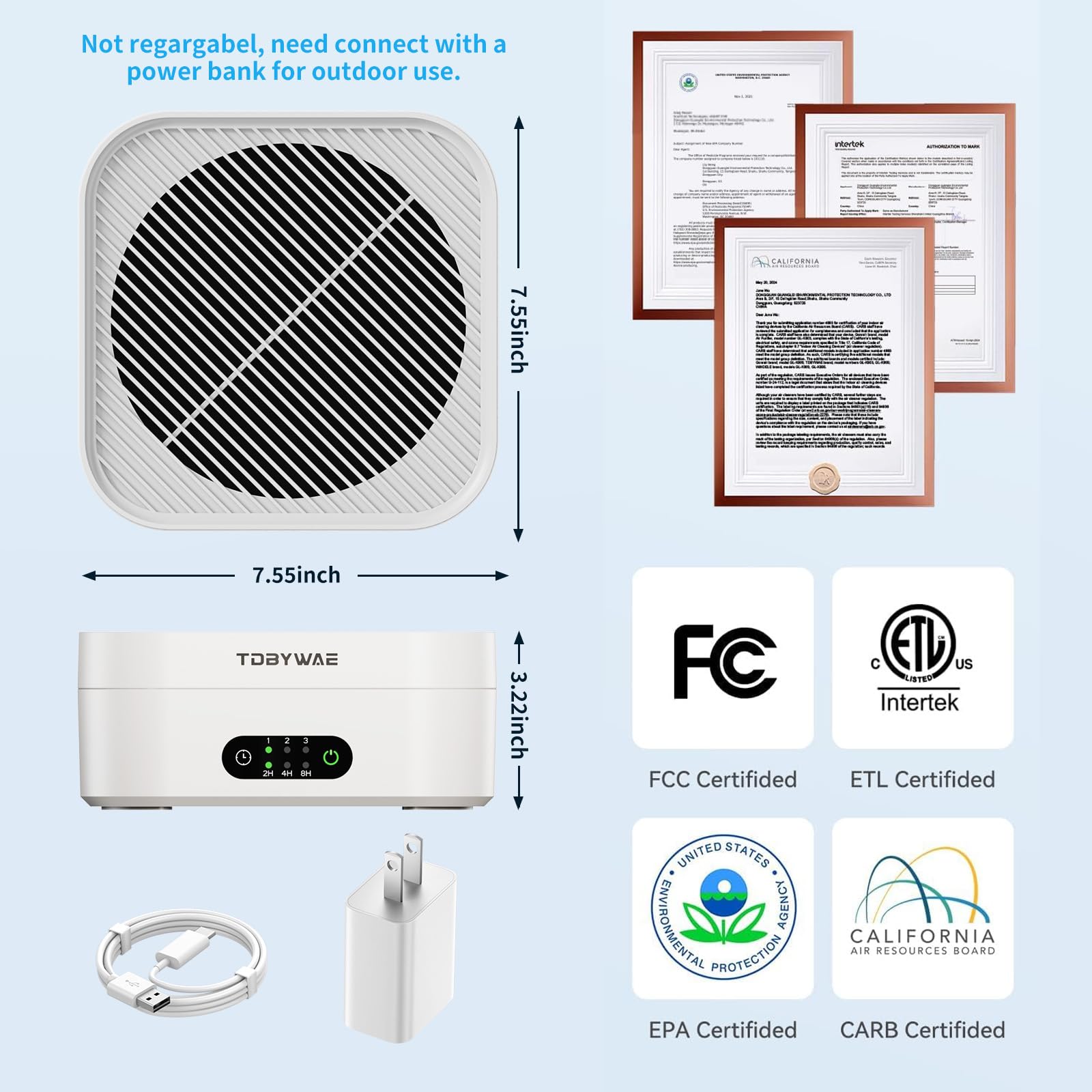 TDBYWAE Air Purifiers for Home Bedroom Up to 600 ft², True HEPA Air Purifier for Pets Dust Dander Pollen Odor Smoke, Portable Car Air Purifier for Travel