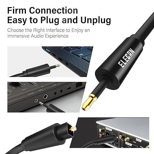 Elecan Mini Toslink to Toslink Digital Optical S/PDIF Audio Cable 10 Ft, Gold Plated Soft Flexible Fiber Optic Cable,Signal Protection PVC,Surround Sound for Soundbar,Home Theater,Hi-Fi System+Ties MI