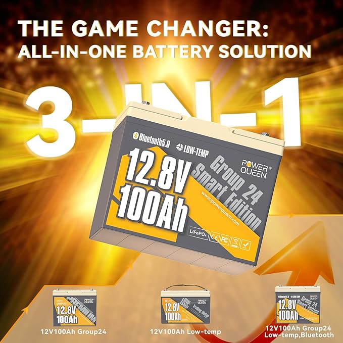 Power Queen Bluetooth 12V 100Ah LiFePO4 Battery with 14.6V40A LiFePO4 Battery Charger, Group 24 Deep Cycle Battery, 100A BMS with Low-Temp Cut-Off Protection for RV, Trolling Motors, Solar System