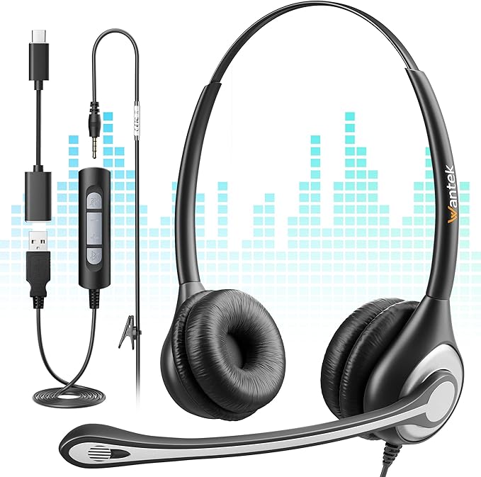 Wantek Computer Headset with Microphone for PC,Laptop,USB Headset with Noise Cancelling & Audio Controls,Computer Headphones for Call Center,Work,Ofiice,Binaural