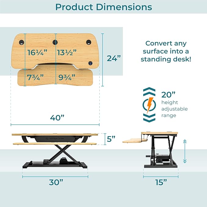 VRSADESK PowerPro™ Electric Standing Desk Converter - Height Adjustable Desk Riser with Keyboard Tray & USB Hub - Holds 80 lbs - Ergonomic Sit Stand Workstation for Home & Office | Maple (40” x 24”)