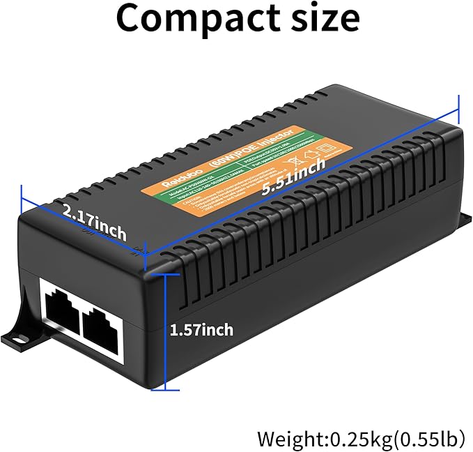 2.5Gb PoE Injector Adapter 60W, IEEE 802.3bt/at/af Compliant, Converts Non-PoE to PoE Network, 100/1000/2500Mbps RJ45, Up to 328 ft, Plug & Play (60W)