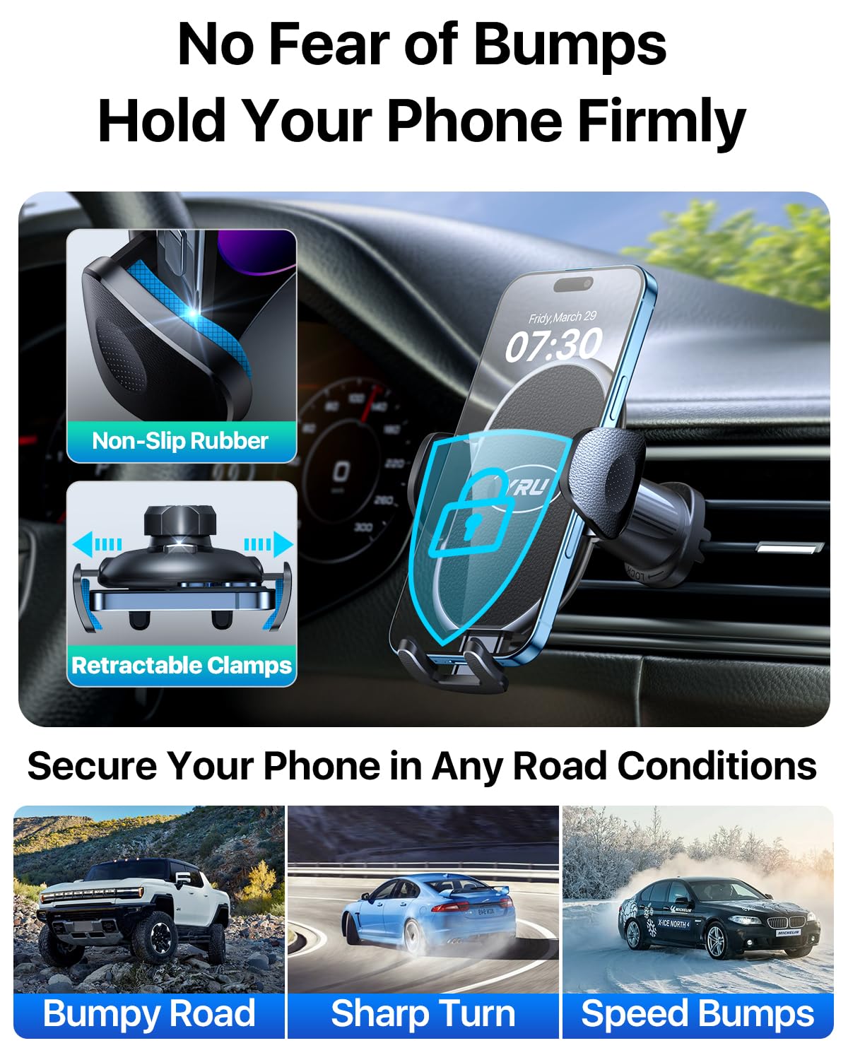 YRU Phone Holders for Your Car [2026 Upgraded Military Metal Hook], Cellphone Holder Car[No Fear of Bumps] Vent Phone Mount Truck Compatible with iPhone17 16 15 14 13 12 Samsung Android, Jet Black