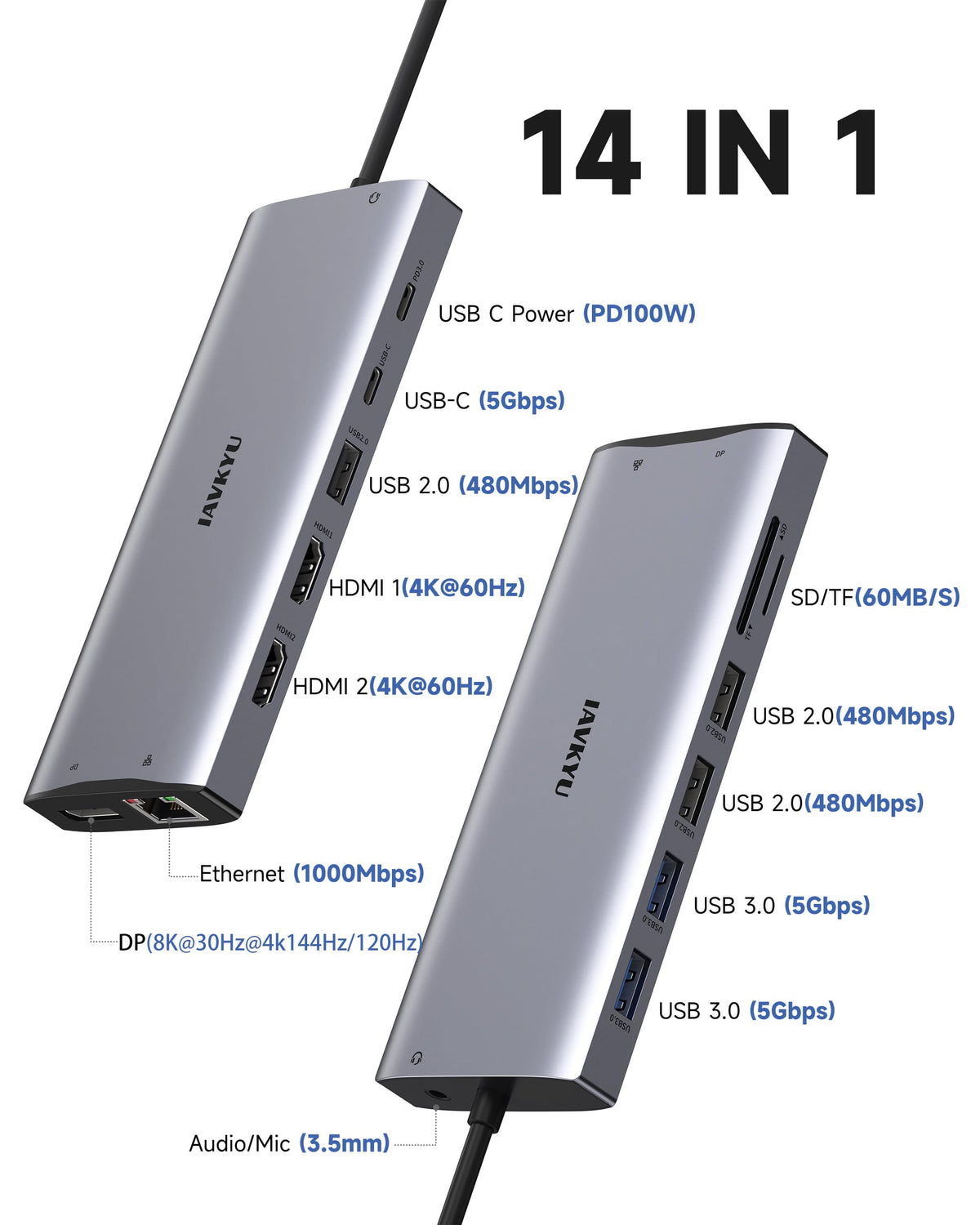 USB C Docking Station 3 Monitors 4K@60Hz, 14-in-1 Laptop Docking Station with 2 HDMI 4K@60Hz, DP 8K@30Hz/ 4K@144Hz, 3 USB 3.0, 2 USB 2.0, RJ45, Audio, PD 100W, USB-C HUB for Windows Laptop Accessories