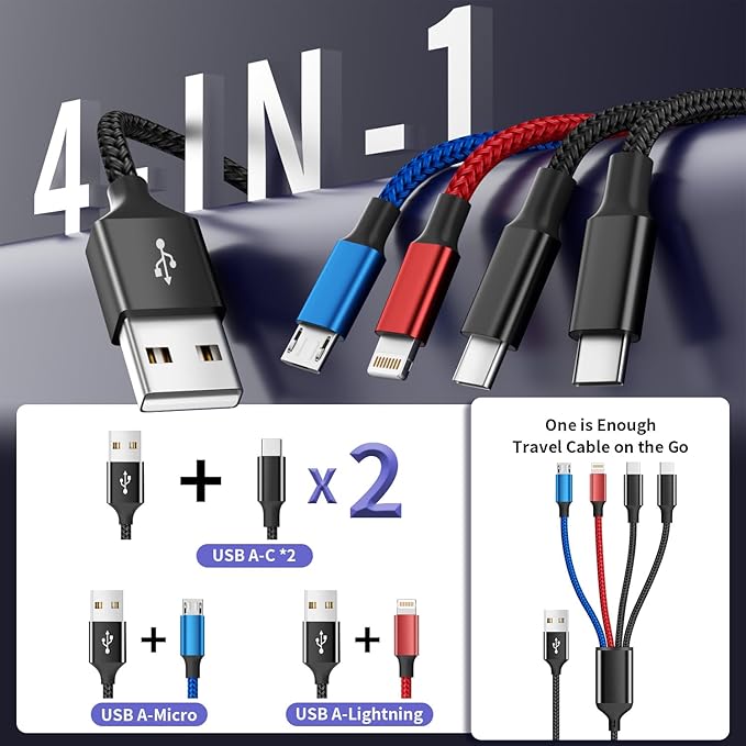 Travel Essentials, Dual Type-C 4 in 1 Multi Charging Cable for Multiple Devices, USB Cables Universal Phone Charger Cord with IP/Micro/2 USB-C Port for iPhone16/15/14, Android Tablet Pad, 2Pack 5FT