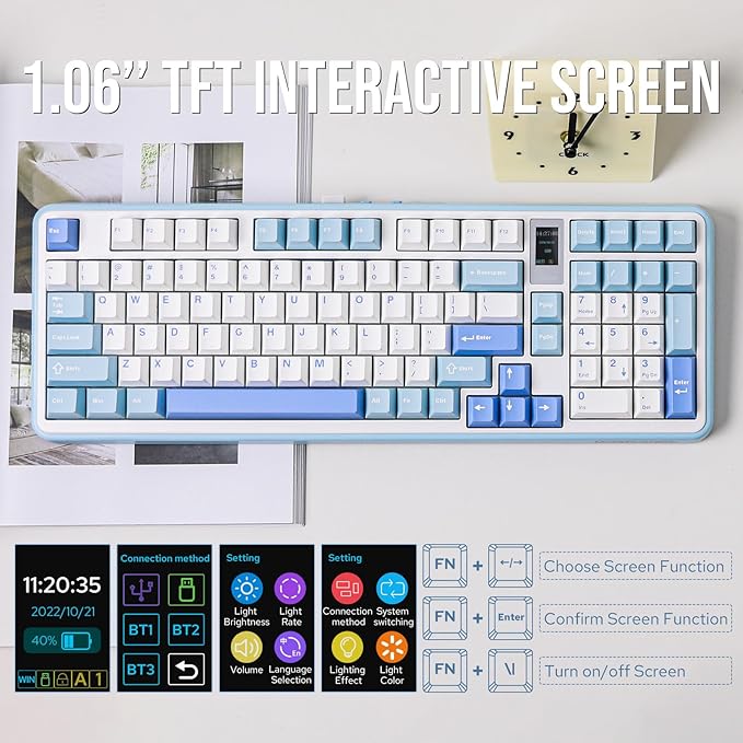 Vibe99 Wireless Gaming Keyboard with 1.06'' Screen, 96% Hot Swappable Creamy Mechanical Keyboard with Gasket Structure, BT5.0/2.4GHz/USB-C, 5-Layer Padding, RGB, NKRO for Win/Mac (Blue)