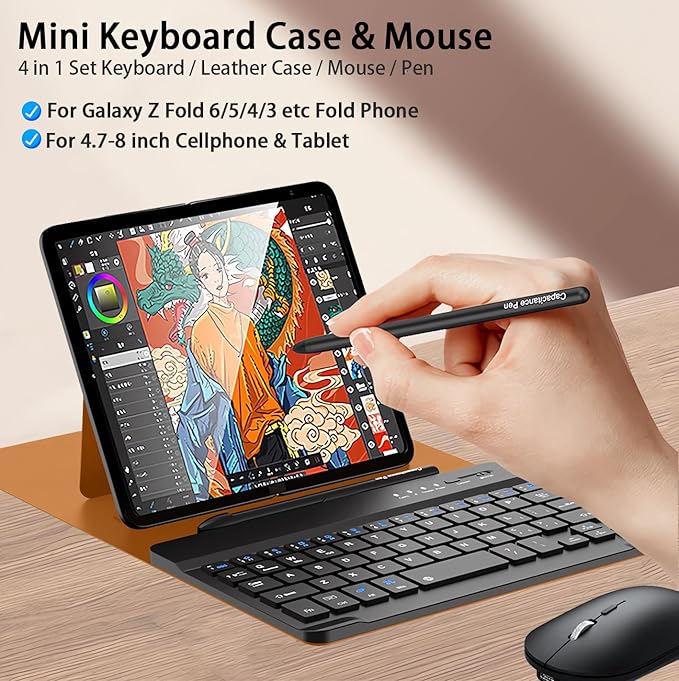 for Samsung Galaxy Z Fold 7 6 5 Keyboard and Mouse, Portable Mini 7.9inch Bluetooth Keyboard with Leather Case and Capacitive Pen, 4 in 1 Set for Z Fold7 6 Accessories