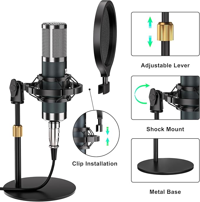 Podcast Microphone Bundle with Live Sound Board Audio Mixer, Podcast Equipment Bundle with 3.5mm Condenser Microphone(P15) for Pc/Phone Live Streaming Singing Gaming, Voice Changer, Denoise