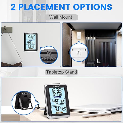 GEEVON Indoor Outdoor Thermometer Wireless Digital Hygrometer Temperature and Humidity Gauge with Time, 200ft/60m Range Temperature Humidity Sensor (Black)