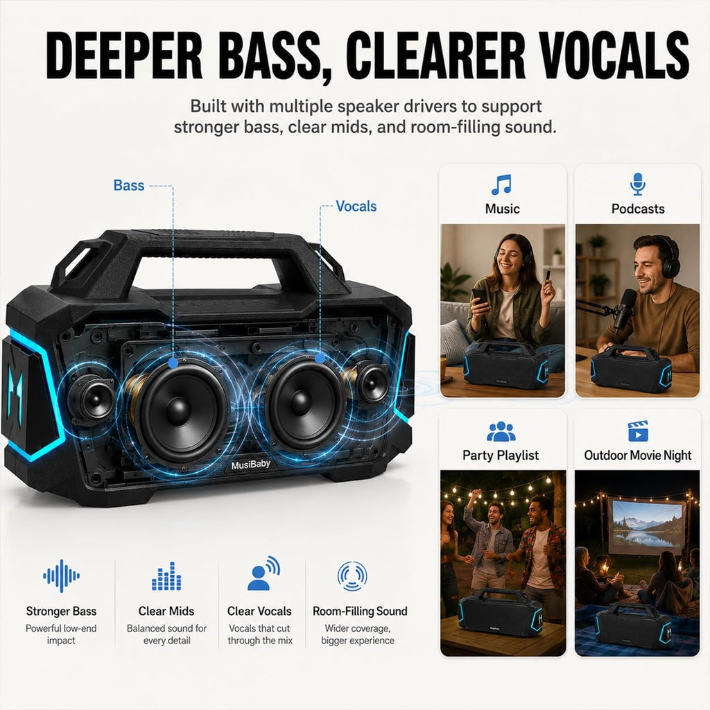 Musibaby 80W Portable Bluetooth Speaker, Loud Bass, IPX6 Waterproof, Black