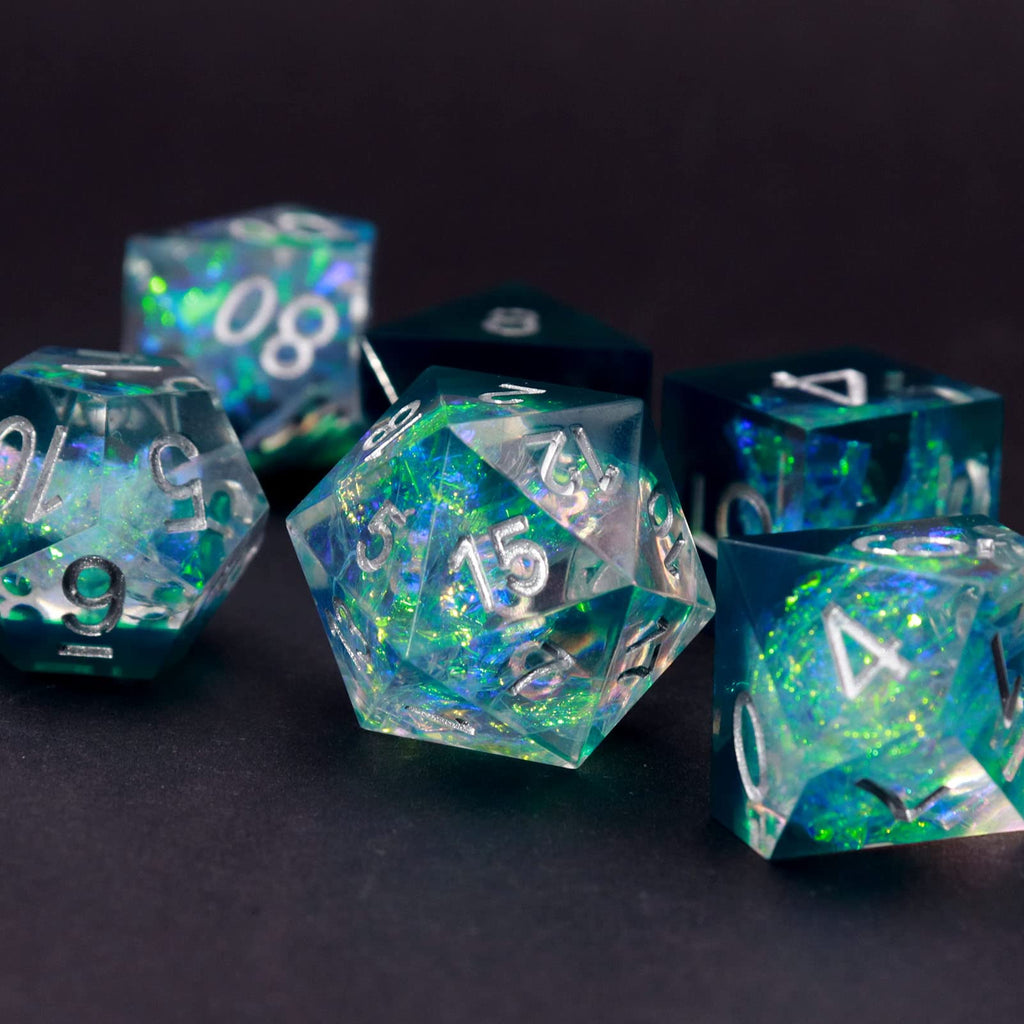 Haxtec DND Dice Set Sharp Edge Resin Dice Iridecent Inclusion with Dice Case Green D&D Dice for RPG Role Playing Games Compatible with Dungeons and Dragons Gift Galaxy Series