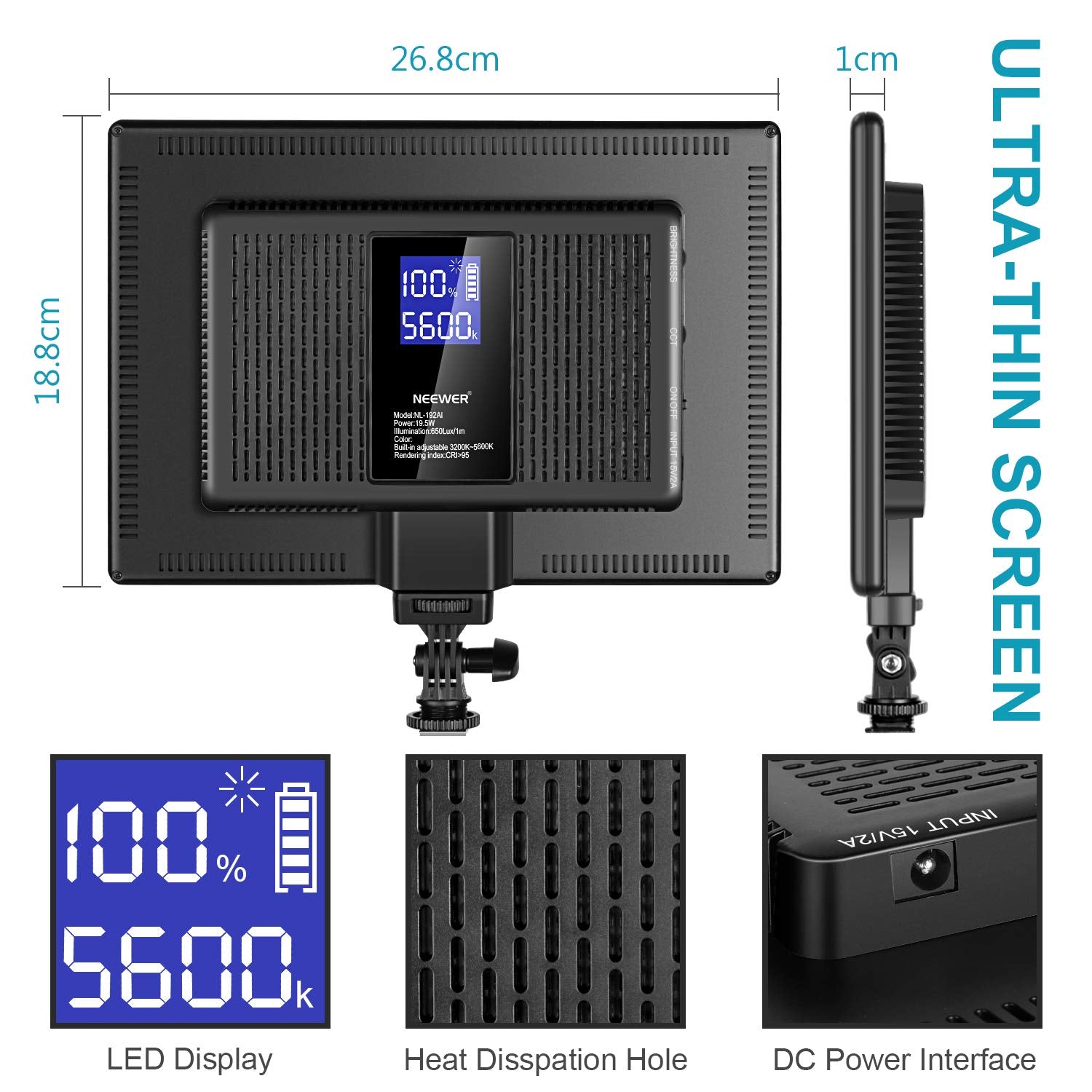 NEEWER 192 LED Video Light Panel, 20W Ultra Thin Bi Color Dimmable DSLR Camera Soft Light, 4000mAh Lithium Battery, 3200K-5600K CRI97+, Key Lighting for Studio Photography Recording Streaming