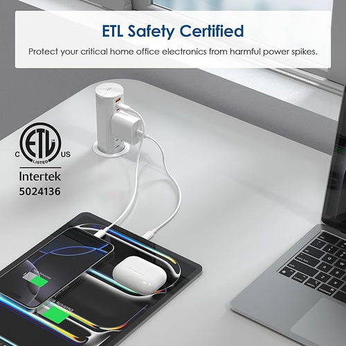 2 Inch Pop Up Outlet for Countertop & Office Desk,ETL Listed, 20W USB C Fast Charge,2 Outlets,3 USB,Recessed Power Grommet for Conference Table,Workstation,Hotel,Kitchen Island (White, 6 FT Cable)