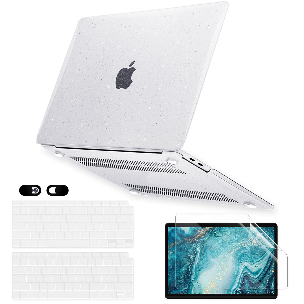 Sparkly Clear Case for MacBook Pro 13 inch M2 M1 A2338 A2289 A2251 A2159 A1989 A1706 2023-2016 Release with Touch ID, 6 in 1 Glitter Plastic Hard Shell&Keyboard Cover&Screen Protector&Webcam Cover