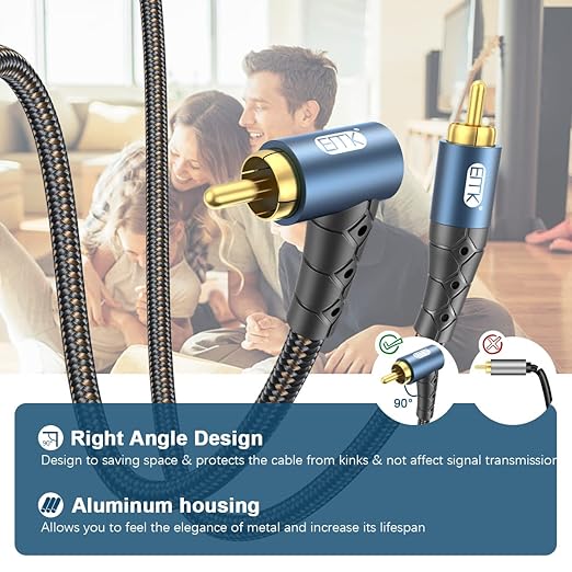 EMK RCA Subwoofer Cable 90 Degree RCA to RCA Audio Cable 24K Gold-Plated Nylon Braided Double Shielded Digital Analogue Supports Amplifiers,Home Theater,Hi-Fi Systems,Subwoofer(6.6ft/2m)
