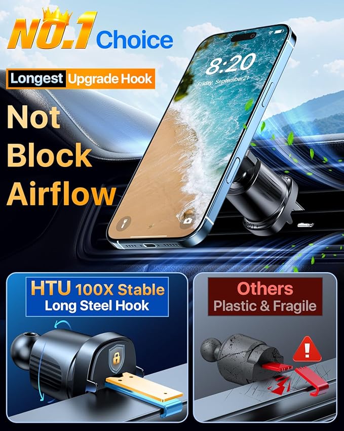 HTU for MagSafe Car Phone Mount Magnetic Phone Holder for Windshield Vent Dashboard Magnetic Suction Phone Mount for iPhone 16/15/14/13/12 & Android (Amparo Blue)