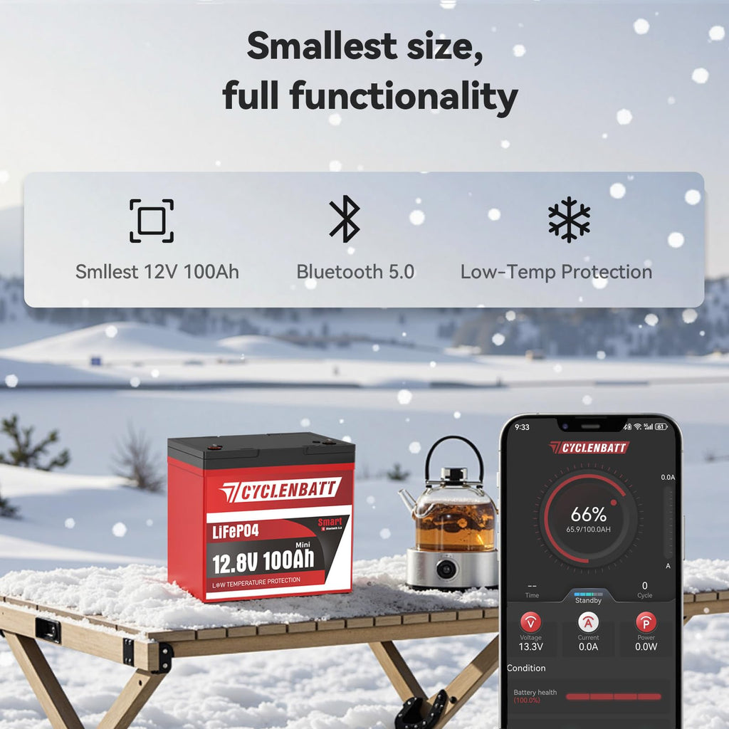 CYCLENBATT 12V 100Ah Mini Bluetooth LiFePO4 Battery, Low-Temp Protection