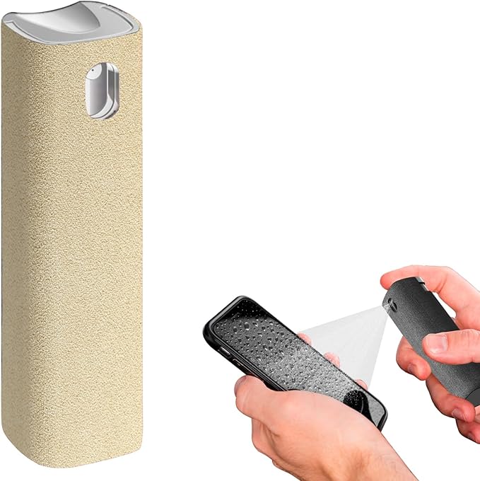 Mini Screen Cleaner Spray – Finger Proof Screen Cleaner for Smartphones, iPads, MacBooks, Laptops, Car Screens, Touchscreens – 3in1 Mist Cleaner, Microfiber Cloth and Protective Cover (Cream)