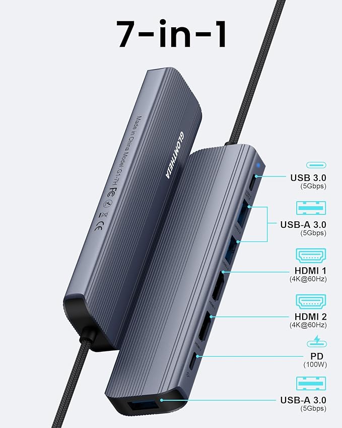 USB C Hub Docking Station Dual Monitor for Laptop, MacBook Air/Pro Dock Adapter Multiport Dongle with 2 HDMI Ports 4K 60Hz, 100W PD Charging, 3 USBA 3.0 & USBC