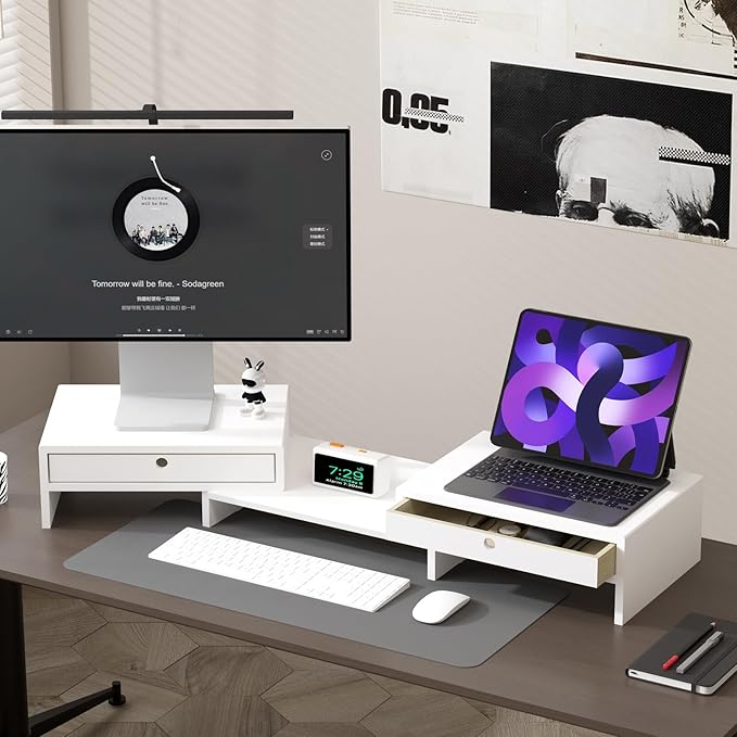 LAPTAIN Monitor Stand with 2 Drawers, Dual Monitor Stand Riser with Adjustable Length and Angle, Desktop Organizer Stand for Laptop/PC/Computer, No Assembly Required, Solid Wood