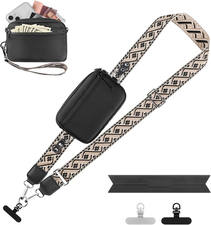 Clip and Go Strap for Phone with Wallet Crossbody, Adjustable Phone Lanyard with Detachable RFID Wristlet Wallet, Pattern Strap, Black (M)