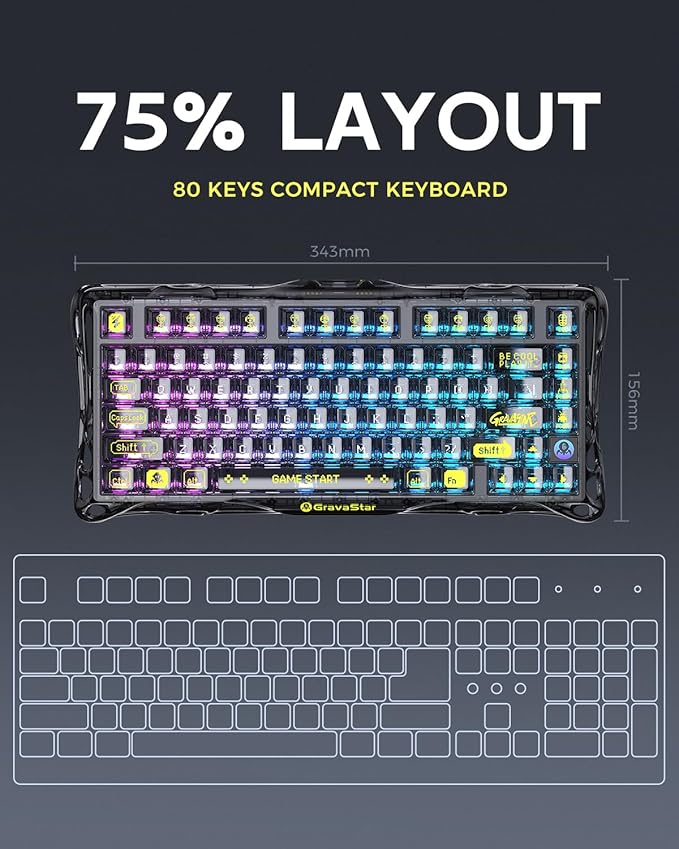 GravaStar Mercury K1 Lite 75% Gaming Keyboard, 2.4GHz/BT/Wired Tri-Mode Wireless Keyboard, Gasket Hot Swappable Mechanical Keyboard, Pre-lubed Linear Switches, RGB Backlit - Transparent Black
