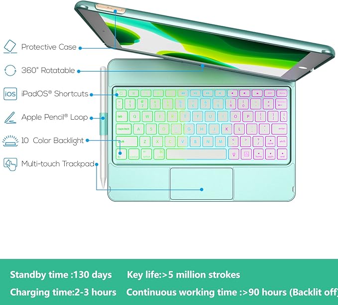 HOTLIFE Keyboard Case for iPad 10.2 - Keyboard for iPad 9th Generation & 8th & 7th Gen - Touch Wireless Backlight Keyboard - 360° Rotatable Protective Cover with Pencil Holder