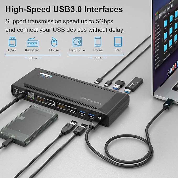 WAVLINK DisplayLink Laptop Docking Station Dual 4K@60Hz(2 HDMI+2DP), 100W PD Charging Compatible with Thunderbolt 4/3, USB-C/A - M1 M2 M3 M4 Mac, Windows, Chrome, 6 USB Ports, LAN - Driver Required