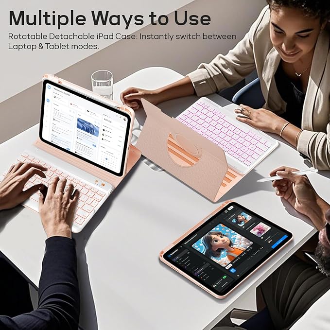 BLUTLOTUS for iPad 11th (A16) 10th Generation Case with Keyboard (2025/2022) - 360° Rotatable Magnetic Folio Cover, 7 Color Backlit Detachable Keyboard with Pencil Holder (Rose Gold)