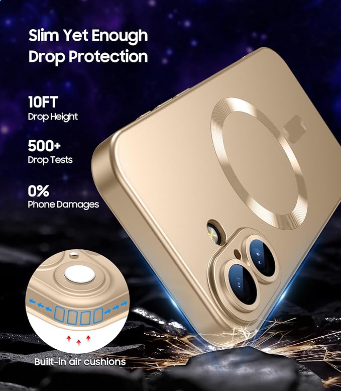 Magnetic for iPhone 16 Case [Compatible with MagSafe][Built-in Camera Lens Protector] Slim Soft Silicone Bumper Shockproof Metallic Luster Phone Case (Gold)