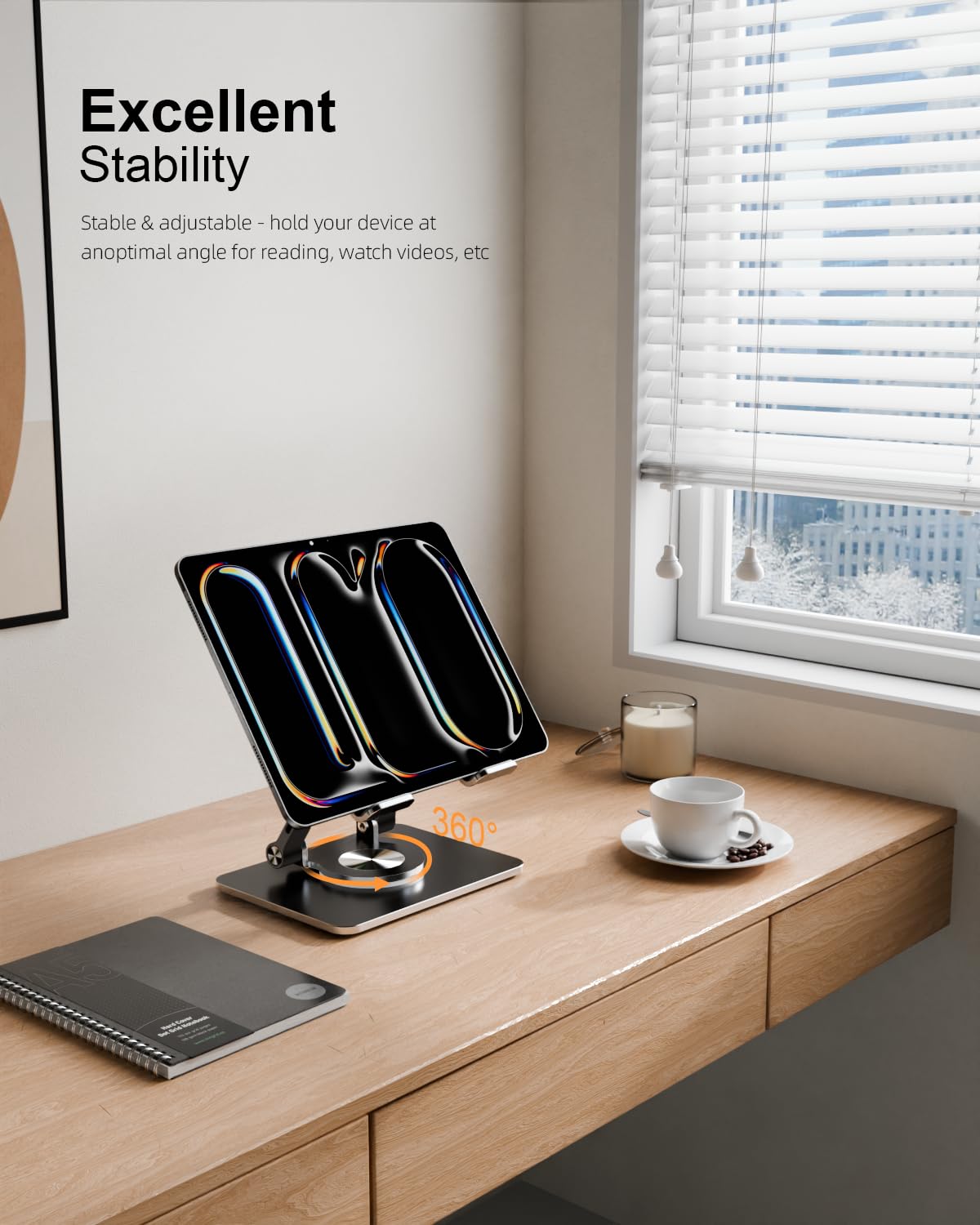 Orlian Tablet Stand Holder with Thickened 360°Rotating Base Dual Rod Adjustable 5.8-12.9”Aluminum Stand