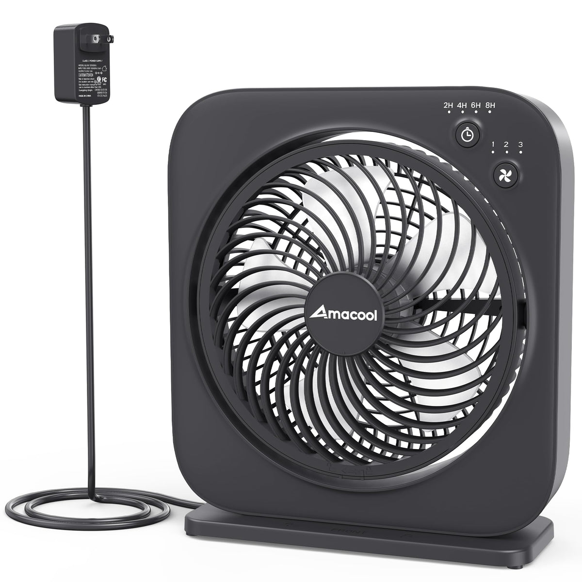 AMACOOL Table Fan, 12 inch Box Fan with 3 Speeds & 8HRS Timer, 270° Pivoting Quiet Air Circulator, Desktop Fan for Bedroom Bathroom Kitchen Office, AC Adapter Included, Co-Branded with Cmyfato-Black