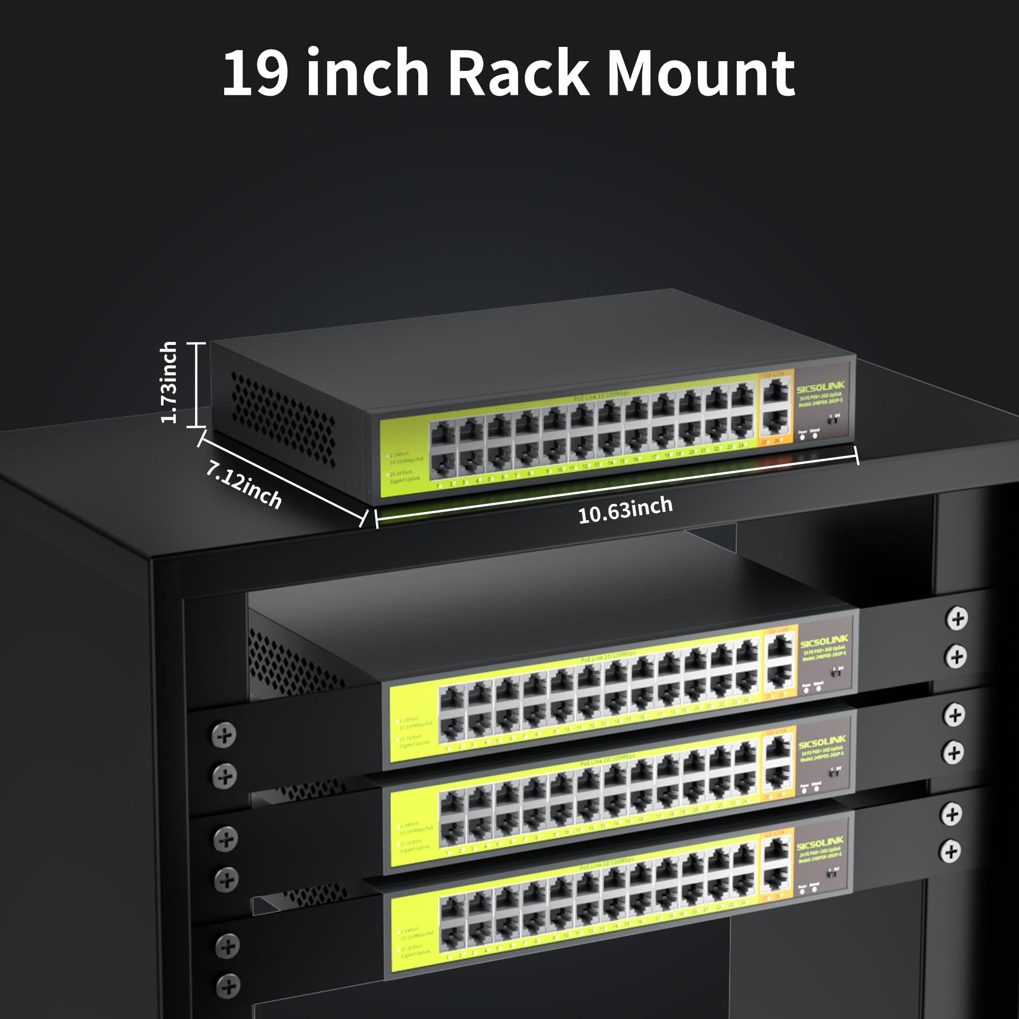24 Port PoE+ Switch 2 Gigabit Uplink 400W Rack Mount Unmanaged IEEE 802.3af/at Extend 250M for IP Cameras AP VoIP Phones 6KV Lightning Protection