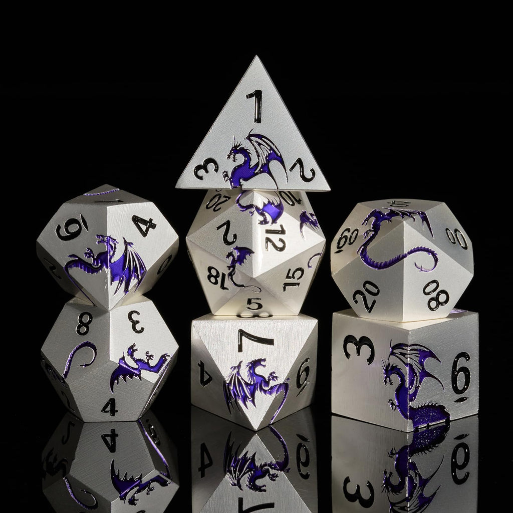 HNCCESG Metal Dice Set,7-Piece Dragon Dice for DND and RPGs,Silver Purple