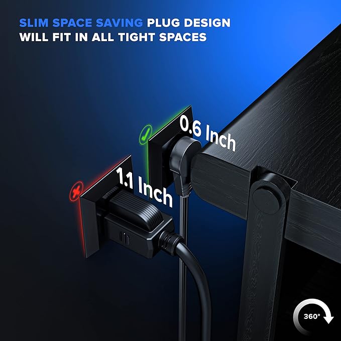 Maximm Cable 10 Ft 360° Rotating Flat Plug Extension Cord/Wire, 16 AWG Multi 3 Outlet Extension Wire, 3 Prong Grounded Wire - Black - UL Certified