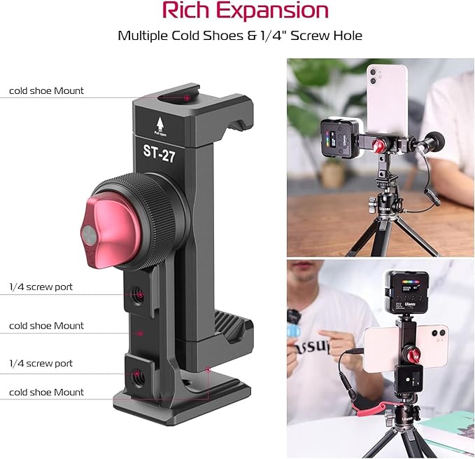 ULANZI ST-27 Phone Tripod Mount, 360° Metal Phone Holder for Tripod w 3 Cold Shoes & Arca Port, Versatile Smartphone Adapter for iPhone 17 16, Desktop Tripods, and Live Streaming/Vlogging Setup