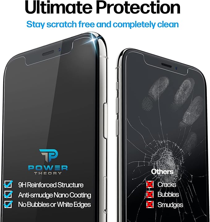 Power Theory Designed for iPhone X, iPhone Xs Screen Protector Tempered Glass [9H Hardness], Easy Install Kit, 99% HD Bubble Free Clear, Case Friendly, Anti-Scratch, 2 Pack