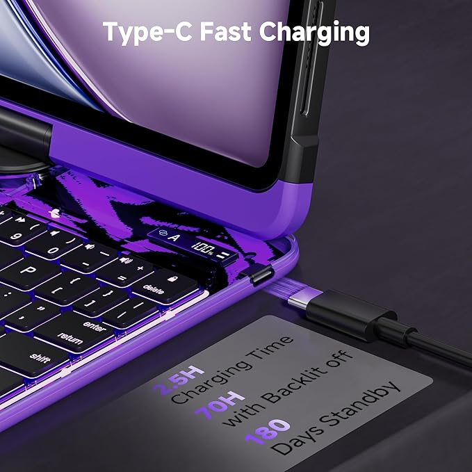 iPad Keyboard Case for 2024 M4 iPad Pro 11 inch, Magic Wireless Keyboard with Trackpad 7 Color Backlit, 360° Rotating Stand Transparent Protective Cover with Pencil Holder (Purple)